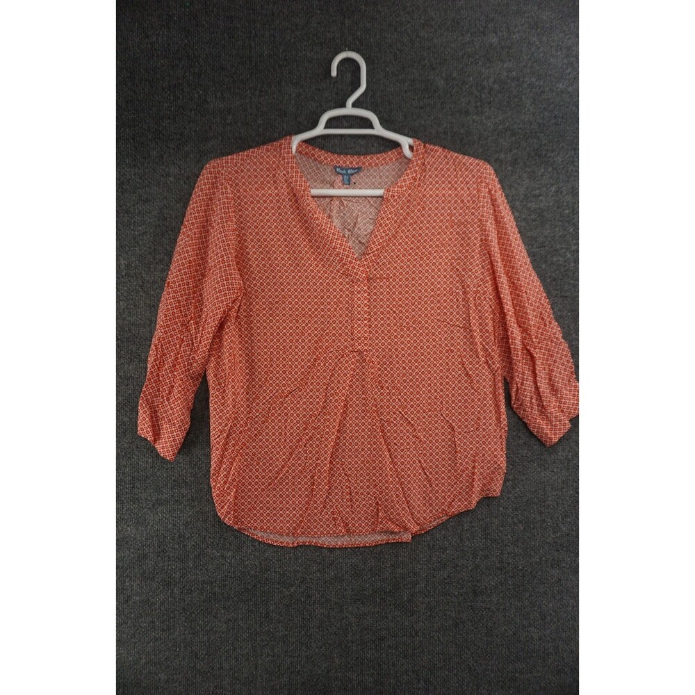 Fleur Bleue Women's Red Geometric Print V-Neck Blouse Size Large 3/4 Sleeve